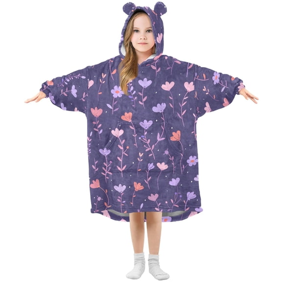 Dailycode Wearable Blanket Hoodie Oversized Sherpa Flannel Blankets with Pocket for 3-14 Year Old Pastel Floral Flower