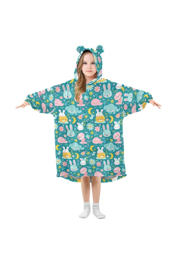 Wearable Blanket Hoodie Oversized Sherpa Flannel Blankets with Pocket for 3-14 Year Old Rabbit Whale Elephant Moon Flower