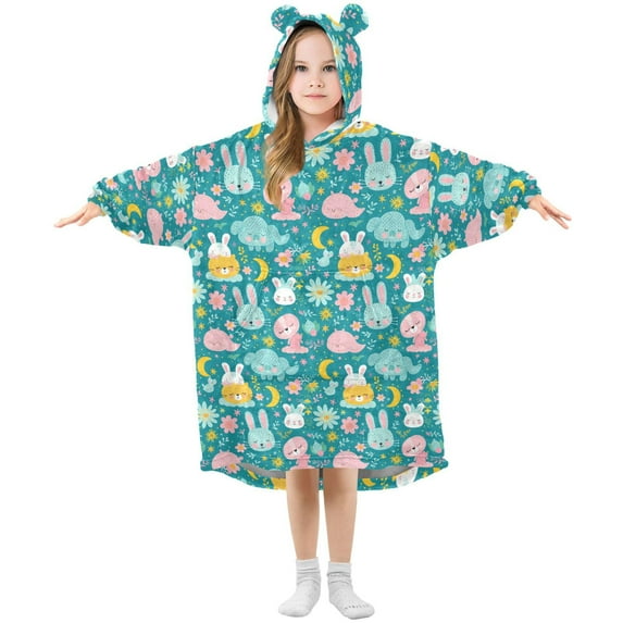 Dailycode Wearable Blanket Hoodie Oversized Sherpa Flannel Blankets with Pocket for 3-14 Year Old Rabbit Whale Elephant Moon Flower