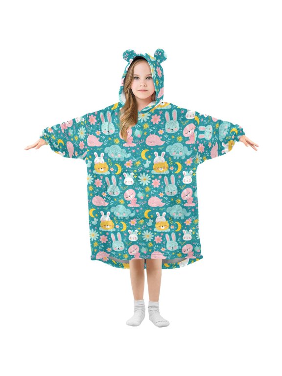 Wearable Blanket Hoodie Oversized Sherpa Flannel Blankets with Pocket for 3-14 Year Old Rabbit Whale Elephant Moon Flower