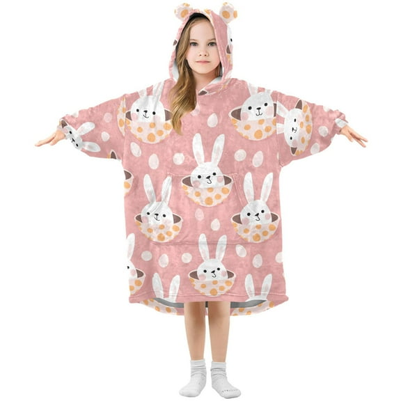 Dailycode Wearable Blanket Hoodie Oversized Sherpa Flannel Blankets with Pocket for 3-14 Year Old Rabbit in Egg
