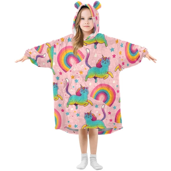 Dailycode Wearable Blanket Hoodie Oversized Sherpa Flannel Blankets with Pocket for 3-14 Year Old Rainbow Cats Unicorns