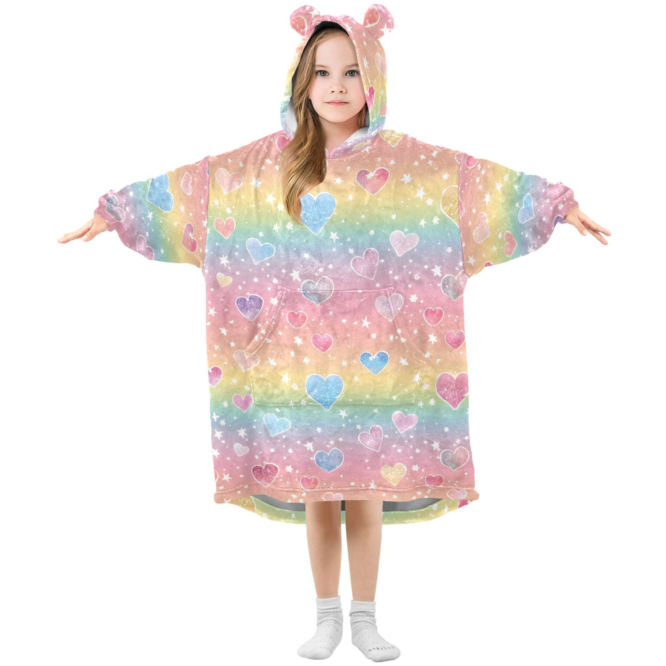 Dailycode Wearable Blanket Hoodie Oversized Sherpa Flannel Blankets with Pocket for 3-14 Year Old Rainbow Hearts