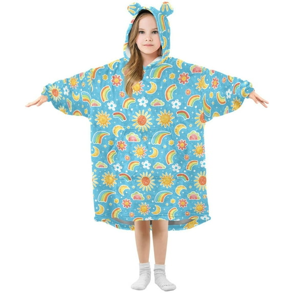 Dailycode Wearable Blanket Hoodie Oversized Sherpa Flannel Blankets with Pocket for 3-14 Year Old Rainbow Sun Flower Moon