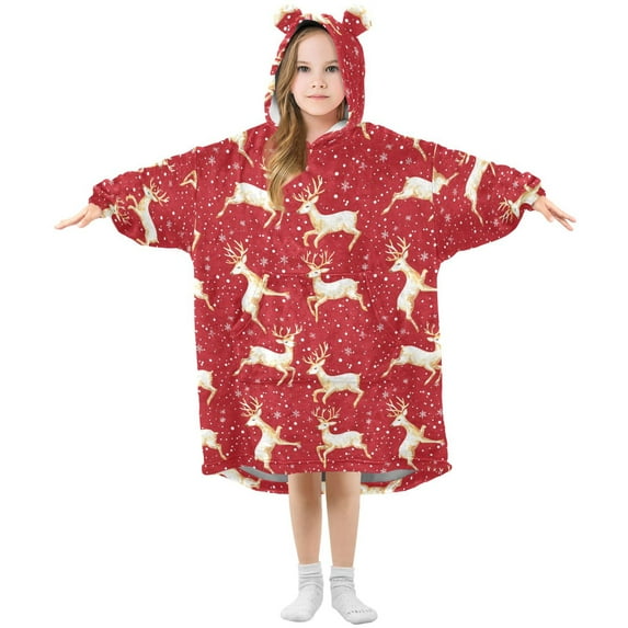 Dailycode Wearable Blanket Hoodie Oversized Sherpa Flannel Blankets with Pocket for 3-14 Year Old Reindeer and Snow