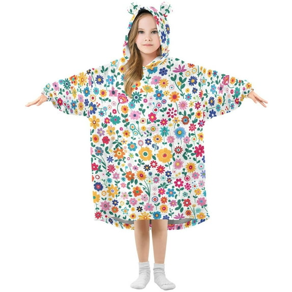 Dailycode Wearable Blanket Hoodie Oversized Sherpa Flannel Blankets with Pocket for 3-14 Year Old Small Colorful Flowers