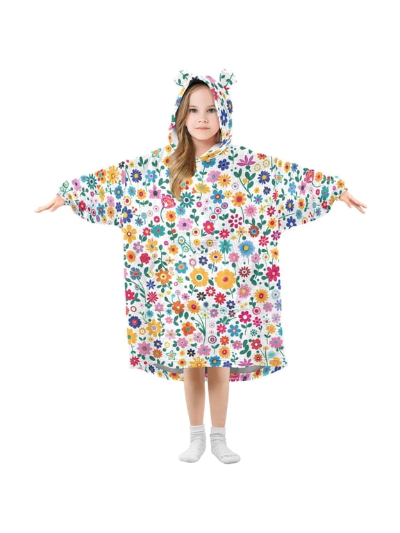 Wearable Blanket Hoodie Oversized Sherpa Flannel Blankets with Pocket for 3-14 Year Old Small Colorful Flowers