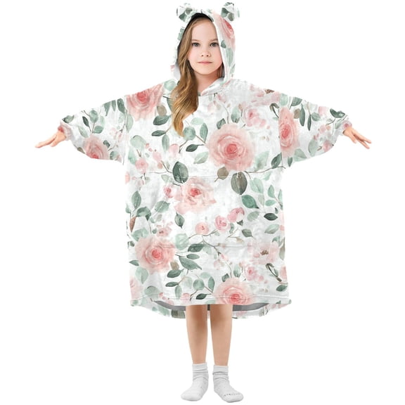 Dailycode Wearable Blanket Hoodie Oversized Sherpa Flannel Blankets with Pocket for 3-14 Year Old Soft Pink Watercolor Floral