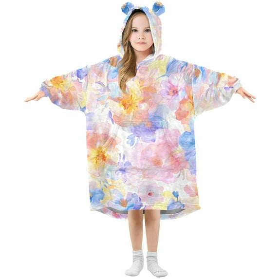 Dailycode Wearable Blanket Hoodie Oversized Sherpa Flannel Blankets with Pocket for 3-14 Year Old Soft Watercolor Flower