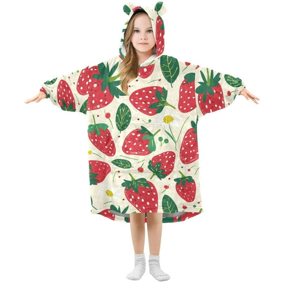 Dailycode Wearable Blanket Hoodie Oversized Sherpa Flannel Blankets with Pocket for 3-14 Year Old Strawberries Fruit and Leaf