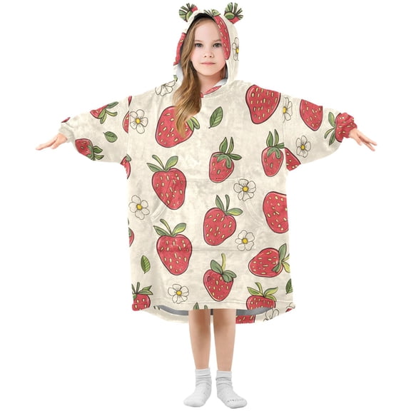 Dailycode Wearable Blanket Hoodie Oversized Sherpa Flannel Blankets with Pocket for 3-14 Year Old Strawberries and White Flowers