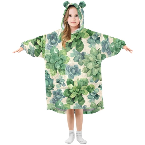 Dailycode Wearable Blanket Hoodie Oversized Sherpa Flannel Blankets with Pocket for 3-14 Year Old Succulents Flowers
