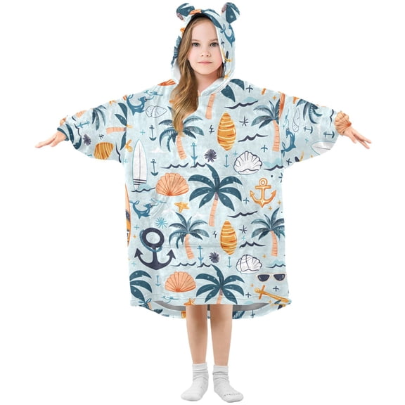 Dailycode Wearable Blanket Hoodie Oversized Sherpa Flannel Blankets with Pocket for 3-14 Year Old Surfboards Palm Trees Anchors