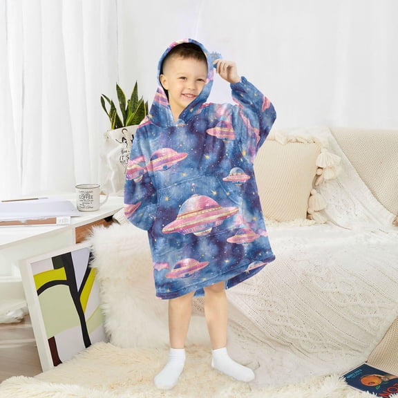 Dailycode Wearable Blanket Hoodie Oversized Sherpa Flannel Blankets with Pocket for 3-14 Year Old Ufo on Sky