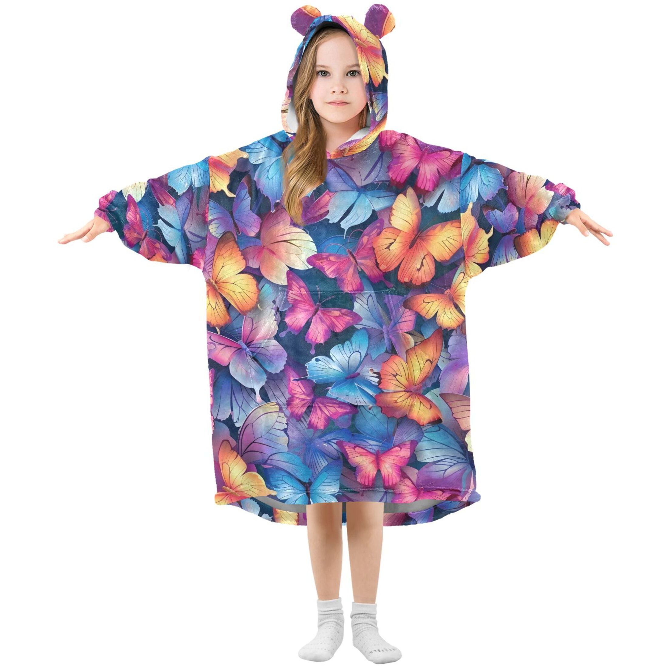 Dailycode Wearable Blanket Hoodie Oversized Sherpa Flannel Blankets with Pocket for 3-14 Year Old Vibrant Butterflies