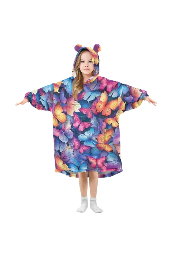 Wearable Blanket Hoodie Oversized Sherpa Flannel Blankets with Pocket for 3-14 Year Old Vibrant Butterflies