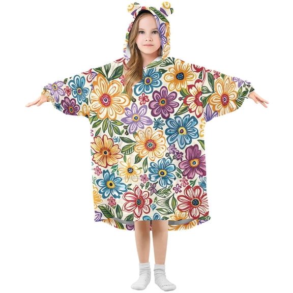 Dailycode Wearable Blanket Hoodie Oversized Sherpa Flannel Blankets with Pocket for 3-14 Year Old Vibrant Colorful Blooming Flowers