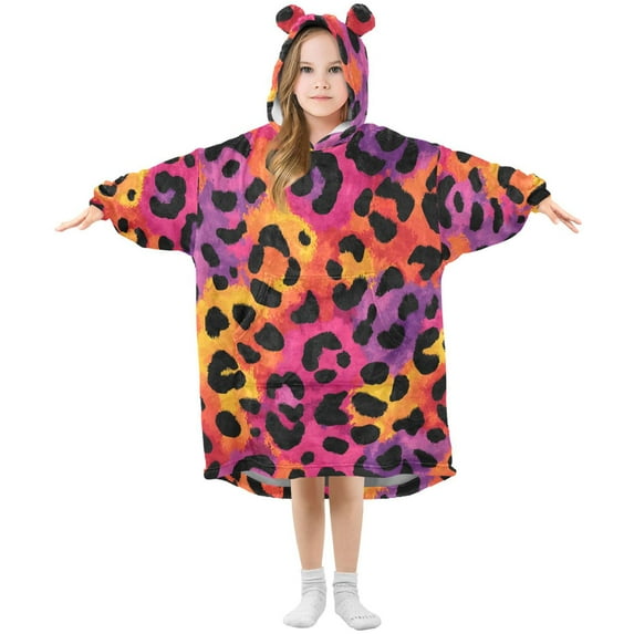 Dailycode Wearable Blanket Hoodie Oversized Sherpa Flannel Blankets with Pocket for 3-14 Year Old Vibrant Leopard Print