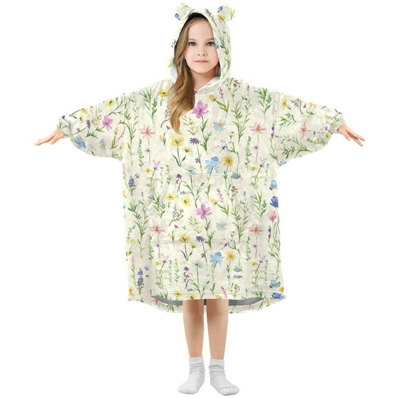 Dailycode Wearable Blanket Hoodie Oversized Sherpa Flannel Blankets with Pocket for 3-14 Year Old Watercolor Wildflower