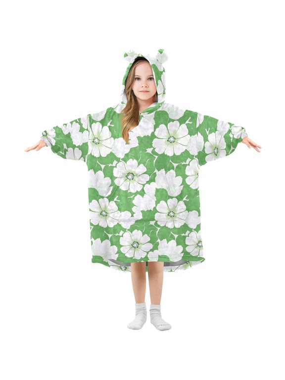 Wearable Blanket Hoodie Oversized Sherpa Flannel Blankets with Pocket for 3-14 Year Old White Flowers with Petals