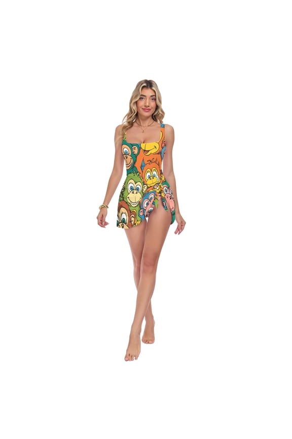 Women's One Piece Swimdress Swimsuits Slimming Tummy Control Swim Dress With Detachable Skirt, Colorful Monkeys
