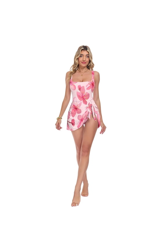 Women's One Piece Swimdress Swimsuits Slimming Tummy Control Swim Dress With Detachable Skirt, Pink Cherry Blossoms