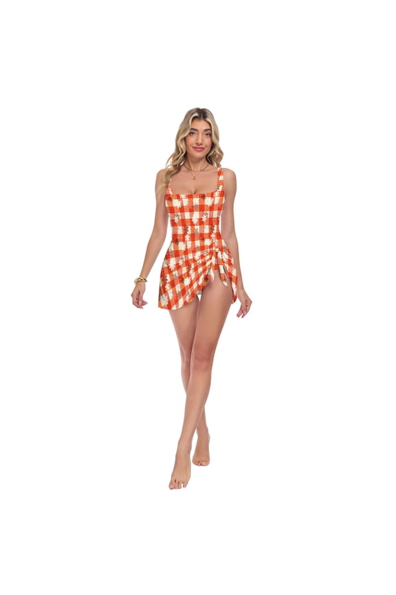 Women's One Piece Swimdress Swimsuits Slimming Tummy Control Swim Dress With Detachable Skirt, Snowflake Red Plaid