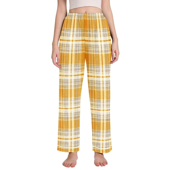 Dailycode Women's Pajama Pants Wide Leg Lounge Pj Bottoms With Pockets Amber Cream Plaid