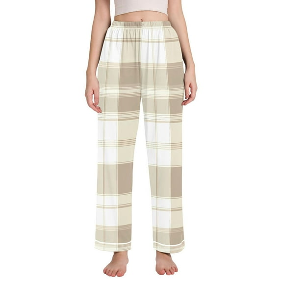 Dailycode Women's Pajama Pants Wide Leg Lounge Pj Bottoms With Pockets Beige and White Scottish Tartan