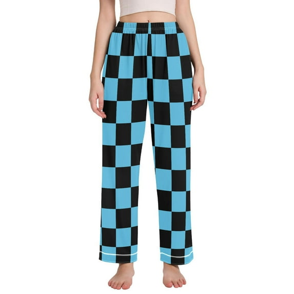 Dailycode Women's Pajama Pants Wide Leg Lounge Pj Bottoms With Pockets Black Blue Checked