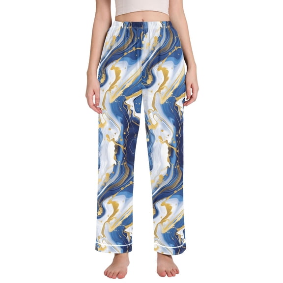 Dailycode Women's Pajama Pants Wide Leg Lounge Pj Bottoms With Pockets Blue Gold Marble