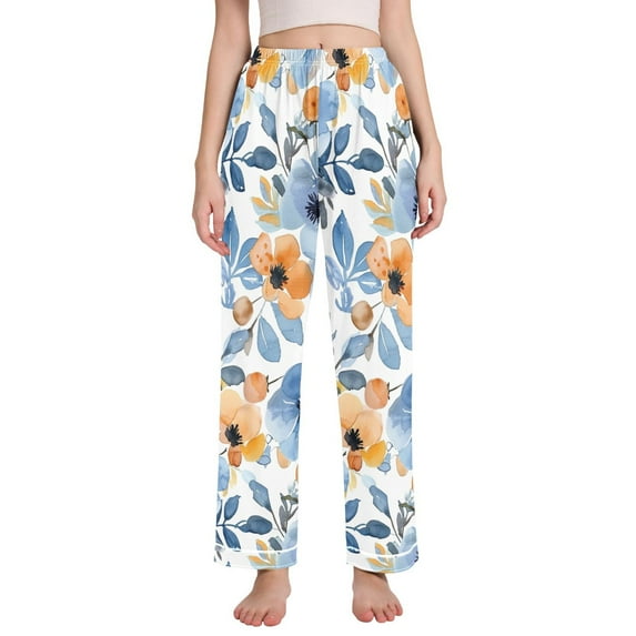 Dailycode Women's Pajama Pants Wide Leg Lounge Pj Bottoms With Pockets Blue and Orange Watercolor Floral
