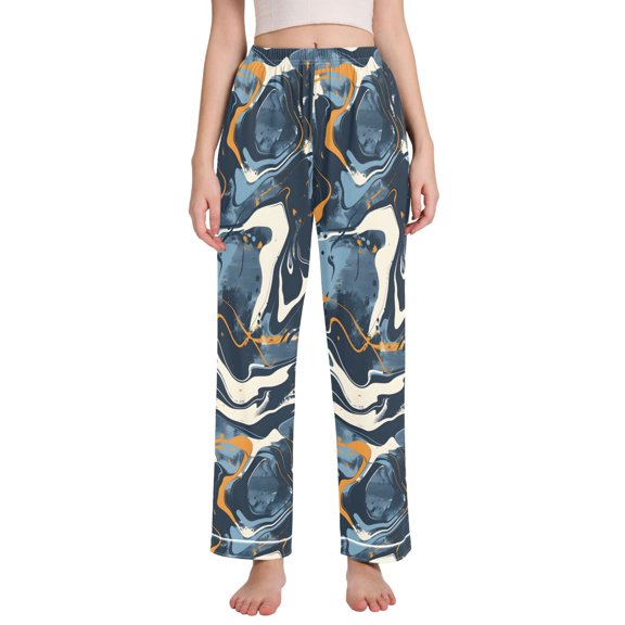 Dailycode Women's Pajama Pants Wide Leg Lounge Pj Bottoms With Pockets Brown Blue Marble