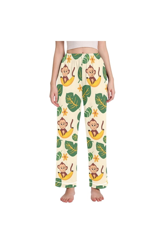 Women's Pajama Pants Wide Leg Lounge Pj Bottoms With Pockets Cartoon Banana Monkey Leaf