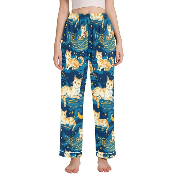 Dailycode Women's Pajama Pants Wide Leg Lounge Pj Bottoms With Pockets Cartoon Cats and Starry Sky