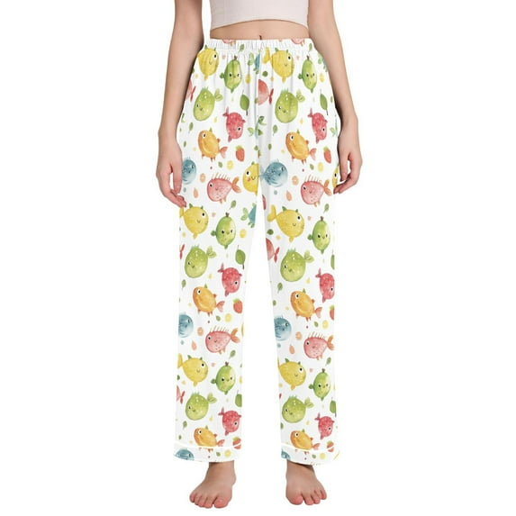 Dailycode Women's Pajama Pants Wide Leg Lounge Pj Bottoms With Pockets Cartoon Colorful Fishs