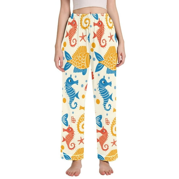 Dailycode Women's Pajama Pants Wide Leg Lounge Pj Bottoms With Pockets Cartoon Fish and Seahorse