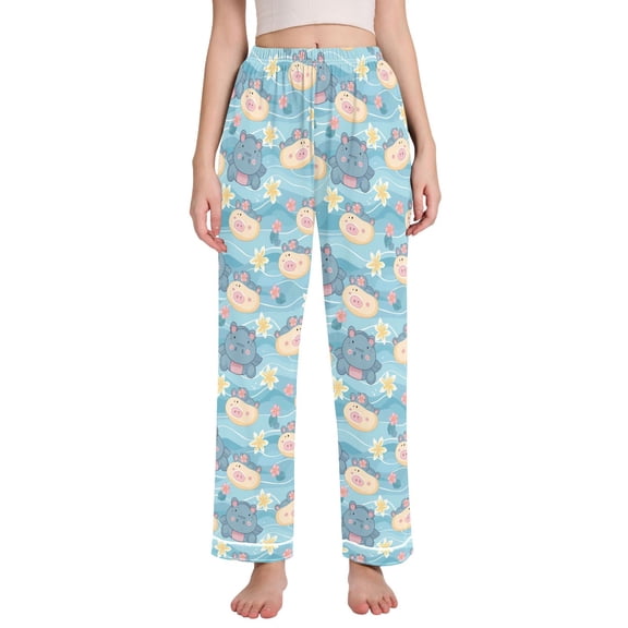 Dailycode Women's Pajama Pants Wide Leg Lounge Pj Bottoms With Pockets Cartoon Hippo and Flowers