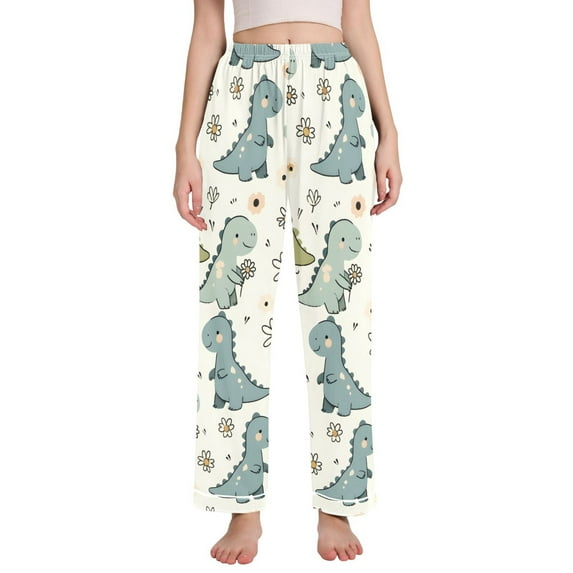 Dailycode Women's Pajama Pants Wide Leg Lounge Pj Bottoms With Pockets Cartoon Little Dinosaur and Daisy