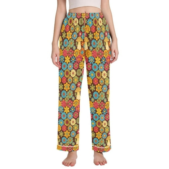 Dailycode Women's Pajama Pants Wide Leg Lounge Pj Bottoms With Pockets Colorful Flower and Mushroom