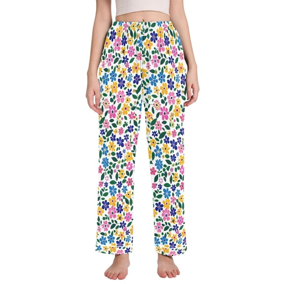 Dailycode Women's Pajama Pants Wide Leg Lounge Pj Bottoms With Pockets Colorful Tiny Flowers and Leaves