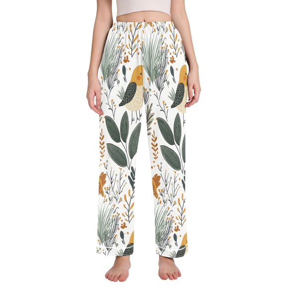 Dailycode Women's Pajama Pants Wide Leg Lounge Pj Bottoms With Pockets Cute Birds and Plants