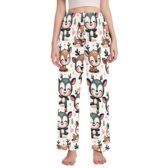 Dailycode Women's Pajama Pants Wide Leg Lounge Pj Bottoms With Pockets Cute Happy Deers