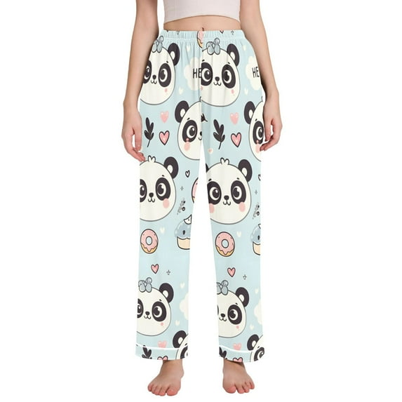 Dailycode Women's Pajama Pants Wide Leg Lounge Pj Bottoms With Pockets Cute Panda Face and Cake