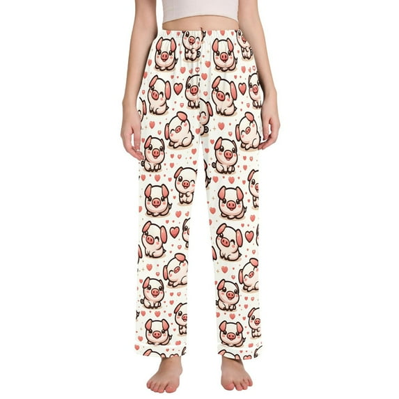 Dailycode Women's Pajama Pants Wide Leg Lounge Pj Bottoms With Pockets Cute Pig with Hearts