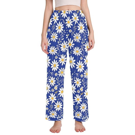 Dailycode Women's Pajama Pants Wide Leg Lounge Pj Bottoms With Pockets Daisy Flowers and Leaves