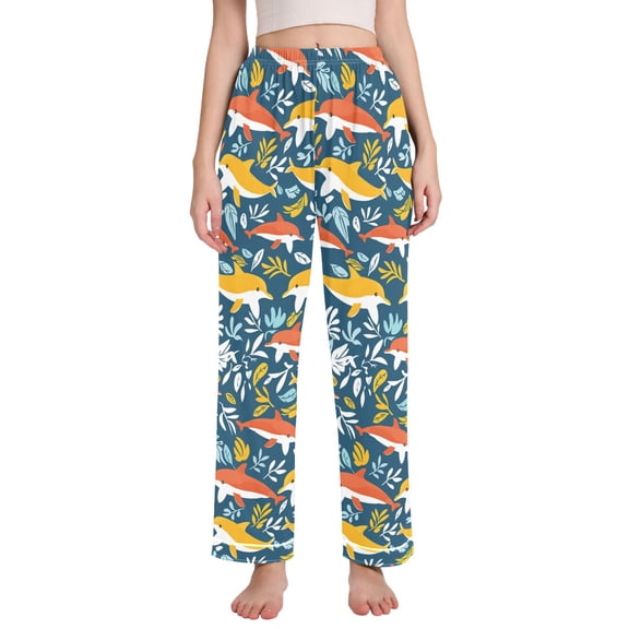 Dailycode Women's Pajama Pants Wide Leg Lounge Pj Bottoms With Pockets Dolphin with Seaweed