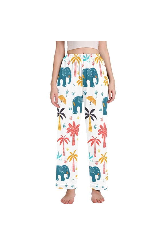 Women's Pajama Pants Wide Leg Lounge Pj Bottoms With Pockets Elephants and Palms Trees