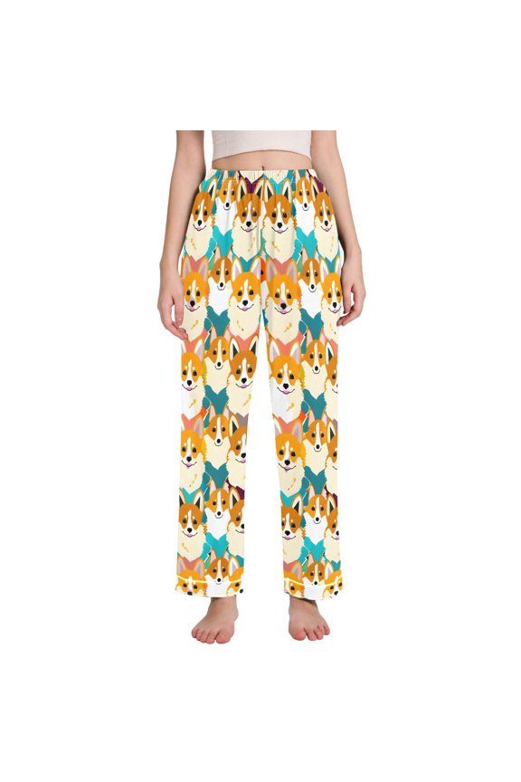 Women's Pajama Pants Wide Leg Lounge Pj Bottoms With Pockets Fun Corgi Dogs