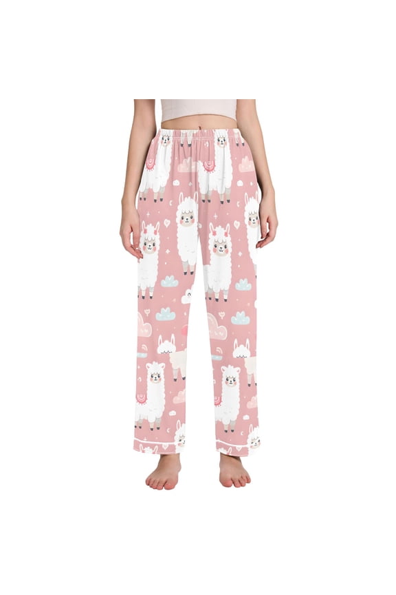 Women's Pajama Pants Wide Leg Lounge Pj Bottoms With Pockets Funny Llama and Clouds